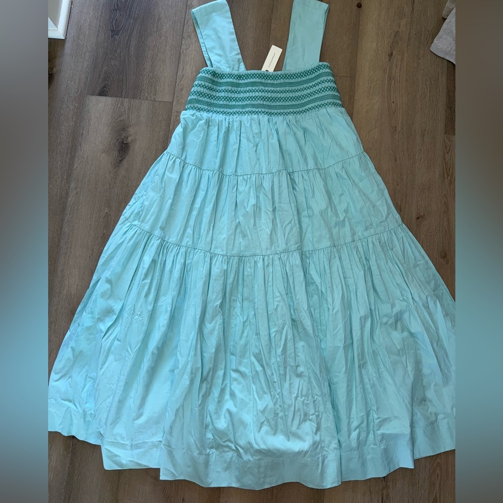 NWT By Anthropologie The Helena Turquoise Blue Smocked Tiered Midi Dress XS